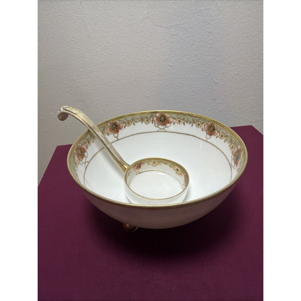 Antique Nippon Porcelain Hand Painted Footed Condiment Bowl with Matching Ladle